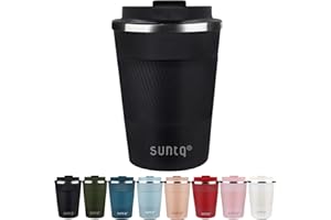 SUNTQ Kaffeebecher to go Thermo aus Edelstahl - Thermobecher mit Gummierte Manschette Doppelwand Isoliert - Kaffeetasse mit Auslaufsicherem Deckel Wiederverwendbar, Schwarz 380ml
