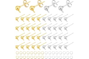 UNICRAFTALE 60 Pairs 2 Colors 2mm Ball Post Stud Earrings Stainless Iron Ball Stud Earring Post Ear Stud with Loop and Ear Nuts Golden & Stainless Steel Color Earrings for DIY Jewellery Making