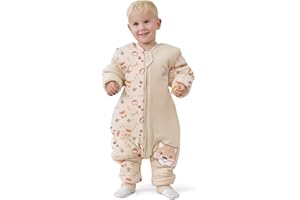MIKAFEN Saco de Dormir para bebé de Manga Larga con pies 3,5 TOG Invierno, Saco de Dormir de Invierno para niños con piernas, Marrón Claro Cachorro de 95-105 cm