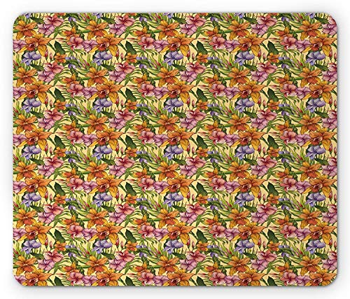 Preisvergleich Produktbild Jungle Mouse Pad, Polynesian Botanical Nature Pattern with Tropical Flowers Exotic Paradise Aloha, Standard Size Rectangle Non-Slip Rubber Mousepad, Multicolor