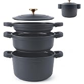 briebe Totem Stackable Induction Non-stick Ceramic Cookware | 4 Pieces, Frying Pan, 2 Saucepans &Oslash; 22 cm Cast Aluminium, PFOA-