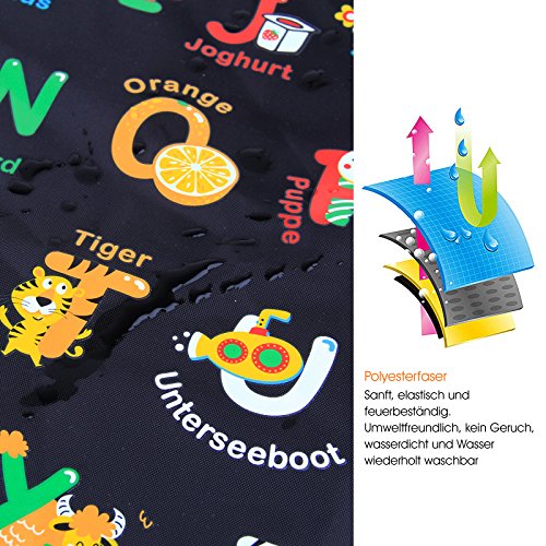 BAYTTER® Rücksitzschoner Rückenlehnenschutz + Rücksitz Organizer mit großer Kapazität, mit durchsichtigem iPad Tablet Fach, für Kinder Früherziehung wasserdicht, mit Mustern von „Alphabet-Muster“, 60 x 45cm, passend für jedes Auto - 5