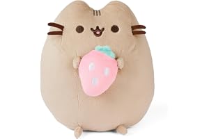 Simba Pusheen Plyschfigur med jordgubbe 25 cm – gosig leksak katt att sitta för samling och lek, mjukt tyg, detaljerad karakt