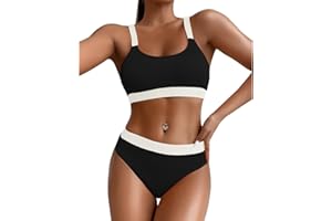 FDEETY Traje de Baño Mujer Braga Alta Halter Bikini Push Up con Relleno Cuello U Trajes de Baño Dos Piezas Biquini Mujer Vientre Plano Bañadores Natacion Deportivo Bikini Brasileño
