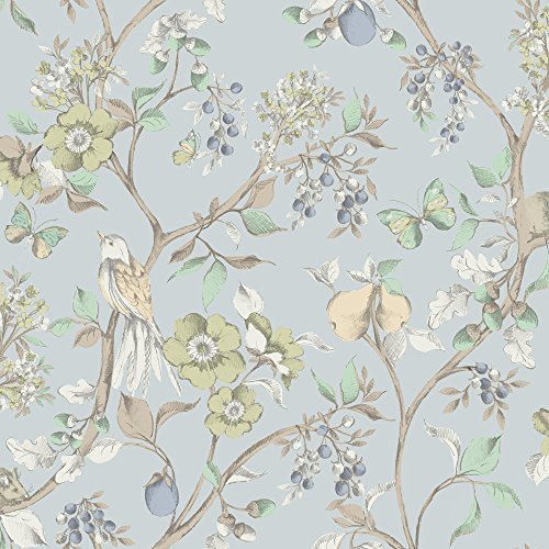 Holden Décor Damsen Gold Tapete Blumenmuster Vogel Landschaft Metallisch - Blau 98104
