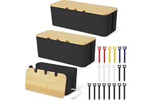 VOTOKO 3 Stück Kabelbox Schwarz, Kabelmanagement Box, Kabel Box mit Holzdeckel, Cable Management Box mit 20 bunten Kabelbindern zur Aufbewahrung, zum Verstecken und Ordnen in Groß, Mittel und Klein