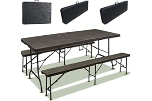 IZTOSS Tavolo da pranzo pieghevole con set di 2 panchine pieghevoli, tavolo da giardino esterno con panchine in plastica, rettangolare, pieghevole (tavolo+panchine nero) (ZDCZ)