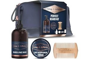 King C. Gillette Coffret King C. Gillette "Beard Essentials Bag" : Gel Nettoyant Barbe Et Visage 350ml + Baume à Barbe 100ml Pour Une Barbe Lisse + Peigne à Barbe Premium + Trousse De Toilette