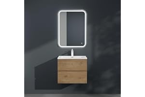 Mai & Mai Bathroom Wall-Hung Vanity Unit with Basin | 60×48×50cm Oak Cabinet | 2 Soft-Close Drawers | Includes Stone Resin Sink Aqualis