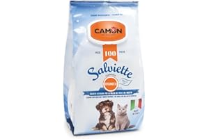 CAMON | Salviette Detergenti per Cani e Gatti, 30x17 cm, Confezione da 100 Pezzi, Fragranza Bergamotto, Senza Alcool etilico né Parabeni, Made in Italy