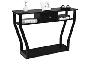 GIANTEX Mesa de Consola con Cajón, Mesa de Televisión, Mesa de Pasillo con 3 Niveles, Mesa Auxiliar de Madera, Mesa de Entrada para Salón (Negro)