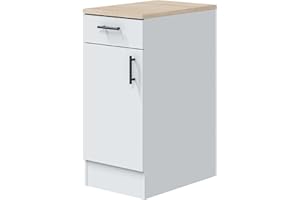 Miroytengo Módulo Inferior Cocina Estrecho Moderno Kira 1 Puerta 1 Cajón Blanco Brillo y Roble Canadian 40x90x60 cm