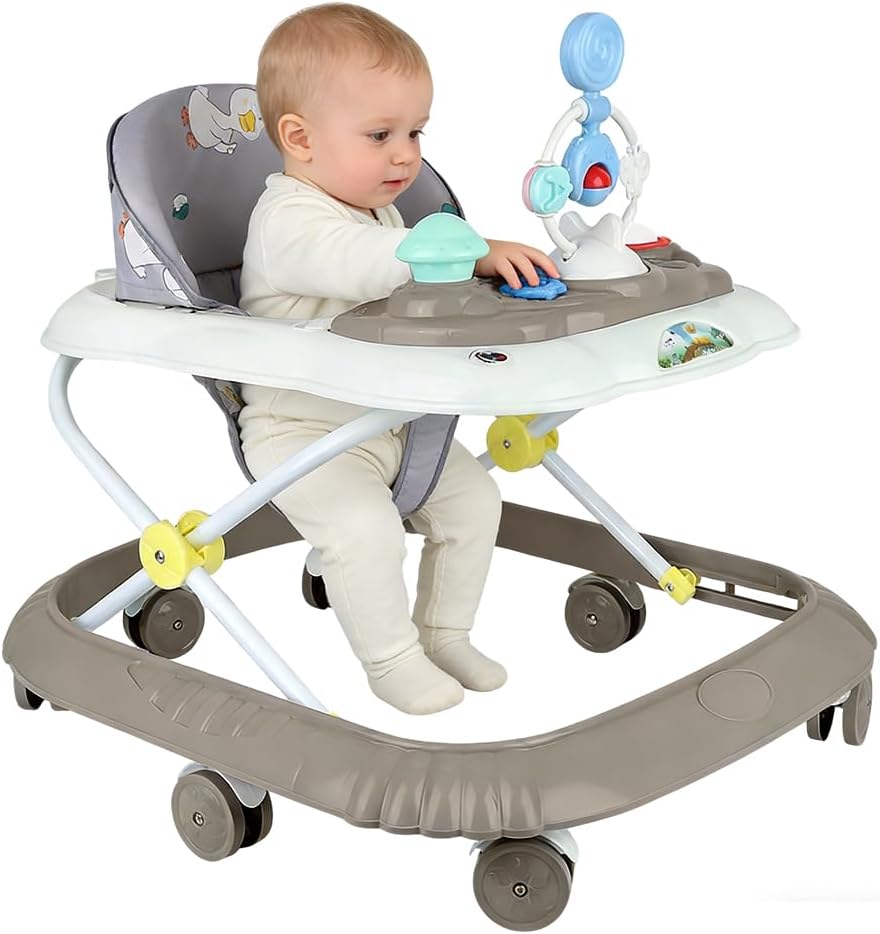 OHMG 4 en 1 Andador para bebé con plato de actividades musical extraíble, Andador para bebé fácilmente plegable, De 6 a 18 meses, Hasta 18 kg, 4 alturas ajustables para niño niña (Kaki-67*72*92cm)