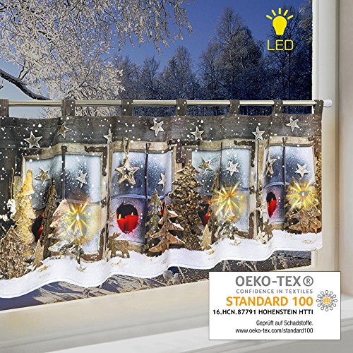 LED-Scheibengardine WINTERLANDSCHAFT für Küche und Kinderzimmer / Beleuchtete Bistrogardine / 45x120 cm / Moderne und transparente Gardine zu Weihnachten