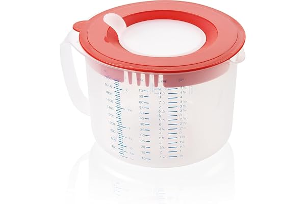 Leifheit Gobelet mesureur 3-en-1, Bol mixeur plastique avec protection anti éclaboussures, bec verseur et tamis, Broc mesureur avec couvercle 3169