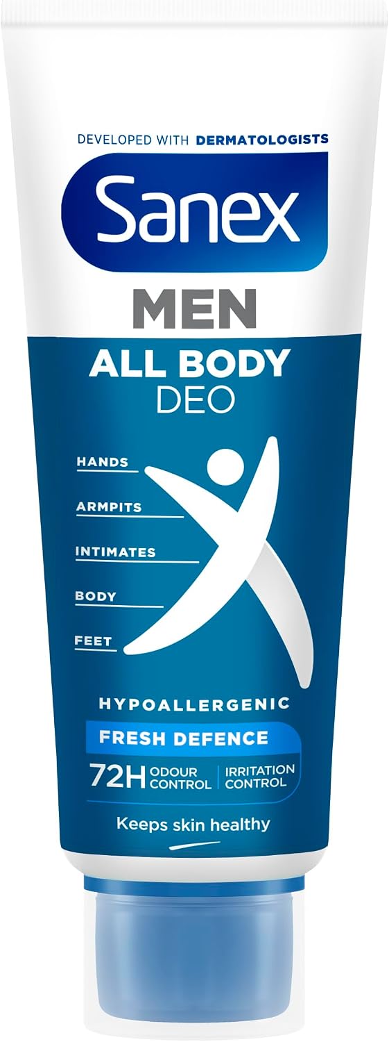 Sanex Men Crema Todo el Cuerpo Deo Frescor Total 75ml, Desodorante para Manos, Pies, Axilas, Cuerpo y Zonas Íntimas, 72 h de Protección contra el Olor Clínicamente Probada, Hipoalergénico