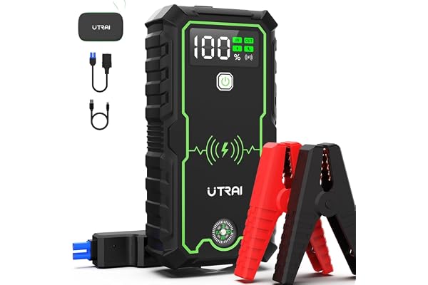 Démarreurs de Batterie de Voiture,UTRAI 27000mAh Booster Batterie Voiture avec Boussole/Marteau de sécurité, Sortie CC 160 W,6500A,Jump Starter Portable (Tous Gaz ou 10L Diesel)