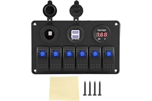 HEADERBS Pannello Interruttori, 12V 24V 6 Gang Car Boat Marine LED Rocker Switch Panel Dual USB Voltmetro Accendisigari(Blu)
