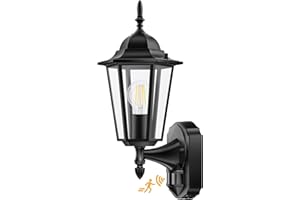 Lamomo Outdoor Wall Lights, Outside Lights with Motion Sensor, Waterproof Aluminium PIR Security Light Mains Powered, Traditional Black Lamp for Front Door Garage, E27 Bulb Base