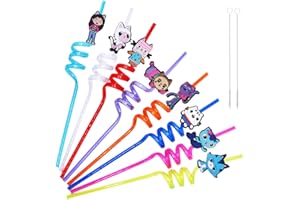 MENELOS Strohhalm Kinder, 8 Stück Strohhalme Kindergeburtstag, Bunte Trinkhalme Plastik, Straws Wiederverwendbar, Plastikstrohhalme mit Strohbürste als Partyzubehör für Geburtstag Kinder (Mädchen und Katzen)