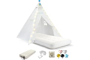 HEYPAPPY Teepee Tent for Kids with Inflatable Airbed, String Lights, Balloons, Pump, Washable Slumber Party Tent Indoor Outdoor for Girls Boys, Children Tipi Playhouse for Playtime and Sleepover, White