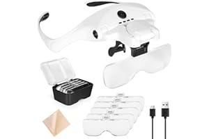 Tobegiga Lupenbrille mit LED Licht und USB, 5 Wechselobjektive (1.0X bis 3.5X) Kopflupe, Freihändig mit Kopfband, Brillenlupe für Hobby, Lesen, Elektriker, Juweliere, Nähen, Reparaturen und Senioren