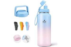 ALongSong Gourde Isotherme 1L Bouteille Thermos Cafe Pour Enfant Femme Homme, Sans BPA, Maintien Froid 48H & Chaud 24H Avec Paille 2 Couvercles - Rose Bleu