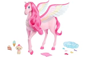 Barbie Pégase Magique Rose Aux Ailes Multicolores Scintillantes, avec Sons Et Lumières, 10 Accessoires Inclus Dont Chiot avec Surprise Ailée Magique, Jouet Enfant, A Partir De 3 Ans, HLC41