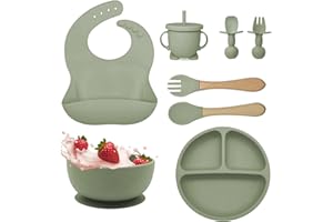 BIZCASA Baby Weaning Set,8pcs Toddler Feeding Set Adjustable Bib with Large Crumb Pouch, Suction Bowl, Cup, Fork, and Spoon Baby Feeding Sets Cutlery Set Easy Wipe Clean for Babies and Toddler (Green)