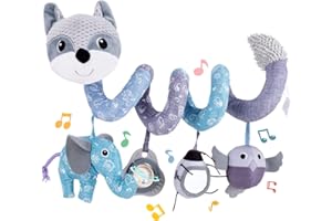 Koty Autositz-Spielzeug, Spirale aus Plüsch, Spielzeug zum Aufhängen für Kinderwagen, Bar, Kinderbett, mit Spieluhr, BB-Quietscher und Rasseln (grauer Fuchs)