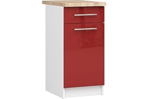 AKORD | Armadio da Cucina con Piano di Lavoro - Oliwia S40 | Mobiletto Base con Anta, Cassetto e 2 Ripiani | Mobile Ingresso | Credenza | Penisola | Armadietto | 46x40x85 cm | Bianco | Rosso lucido