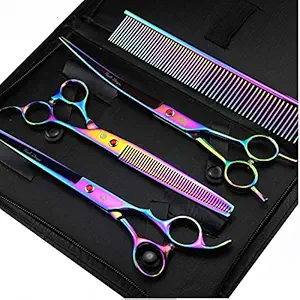 Purple Dragon 8 inch 3 in 1 Professional Pet Grooming Thinning Scissors - Upward Curved Shears and Dog Hair Cutting Scissor - Perfect for Pet Groomer or Family DIY Use (Rainbow)