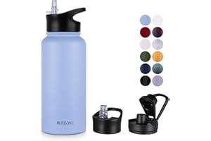MURBONE Insulated Water Bottle, 1L Stainless Steel Drink Flask with Straw, BPA Free, Leakproof Double Walled Vacuum Bottle with 2 Lids (Straw and Spout), Blue
