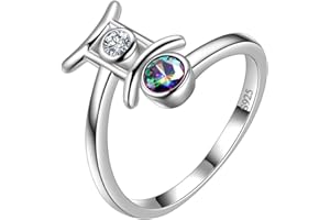 Aurora Tears 12 anillos ajustables del zodiaco plata de ley 925 místico arco iris topacio constelación anillo abierto horóscopo con circonita cúbica, regalo para mujeres y niñas DR0087, Plata de ley