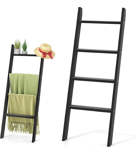 Scala Portasciugamani Moderna In Acciaio E Bambù - 4 Ripiani, Altezza 170 Cm, Colore Bianco - Autoportante