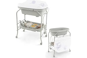 LIFEZEAL Wickeltisch mit Badewanne, 2 in 1 Flatbare Bade-Wickelkombination auf Räder, Badewannenaufsatz Wickelkommode mit offener Ablage, Babybadewanne mit Ständer Max. Belastbarkeit 35kg (Hellgrau)