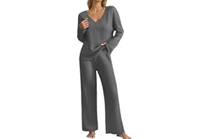 GENÉRICO Traje de punto de dos piezas para mujer, traje de ocio, cuello de pico, traje de pantalón, manga larga, jersey de punto acanalado + pantalón recto, traje de deporte, traje de casa suave, conjunto de