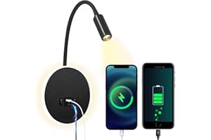 uksunvi LED Wall Lamp Bedside Table Reading Wall Lamp 12W LED Wall Reading Lamps Adjustable Spotlight 3W +9W 3000K Warm Light (USB Charging Black)