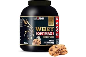 WHEY OPTIMAX PROTEIN +74% Protéines Bi-sources: WPC + Protéine Brevetée, 17g BCAA, 11g Glutamine, Peu Sucrée, Onctueuse｜Idéal pour la Prise de Masse Musculaire｜ Cookies 1,5kg - Eric Favre