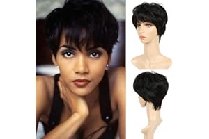 BECUS BECSU Perruques courtes pour femme - Coupe Pixie - Cheveux courts avec frange - Perruque synthétique pour un cosplay quotidien - Noir naturel