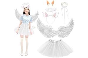 Hpbaggy Engel Kostüm Damen Kinder,mit Engel Flügel,Tüllrock weiß,Heiligenschein weiß,Engelsstab,Elfenohren,Engels Flügel Kostüm,für Karneval Fasching Kostüm,Mädchen,Erwachsene