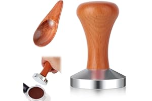 FZYCOM Tamper à Café avec Cuillère à Café en Bois, Espresso Tamper, Tampon à café, Tasseur Presse à Café en Inox, Manche en Bois, Base en Acier Inoxydable