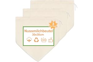 HOINY Nussmilchbeutel 3 Stück, 30×30cm Passiertuch Beutel Wiederverwendbar, Baumwolle Nussbeutel Bio Waschbar, Filterbeutel mit Kordelzug, zum Sieben für Nussmilch Käse Joghurt Fruchtsaft