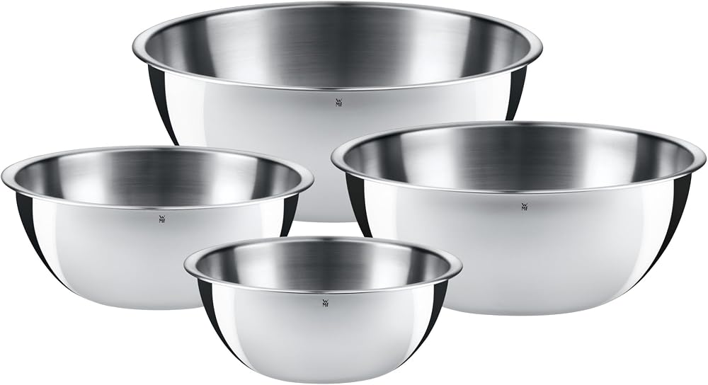 WMF Gourmet 4 Parça Paslanmaz Çelik Karıştırma Kabı Seti, 0,75 L - 2,75 L, Karıştırma Kabı, Salata Kasesi, Servis Kasesi, Cromargan®, Üst Üste Saklanabilir