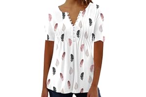 MRGIINR 2024 Summer Women Tunic Tops UK Short Sleeve Button Down V Neck Feather Graphic Oversized Flowy Hide Belly Pleated Dressy Casual Henley T Shirts