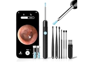 DEETOK Ear Wax Removal - Earwax Remover Tool with 7 Pcs Ear Set - Ear Cleaner 1080P HD Ear Scope - Camera with 6 Led Lights - Ear Cleaning Kit with 11 Ear Spoon - Ear Camera for iOS & Android（Glossy Black）