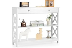 COSTWAY 3-poziomowy stół konsolowy z szufladą, stół do przedpokoju z drewna, regał stojący, stolik pomocniczy do wejścia, salonu i sypialni, 100 x 30 x 80 cm (biały)