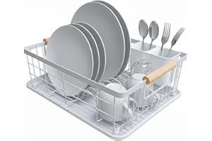 Amig - Égouttoir Graz | 42 x 31,5 x 15 cm | Acier avec Poignée en Bois | Couleur Blanc | Égouttoir avec Plateau d'Égouttage et Support pour Couverts | Capacité pour 10 Assiettes et 6 Verres