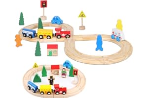 Jouets de chemin de fer en bois pour tout-petits 33 pièces avec rails en bois, convient pour Thomas, Brio, kit de rails en bois, jouets ferroviaires, cadeaux pour filles et garçons 3 4 5 6 ans