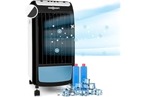 Oneconcept - Caribbean Blue, refrigeratore d’aria portatile, ventilatore, umidificatore, 3 velocità, portata d'aria 400 m³/h, 70 W, serbatoio 4 l, 2 vaschette ghiaccio, oscillazione, 4 rotelle (ebano)